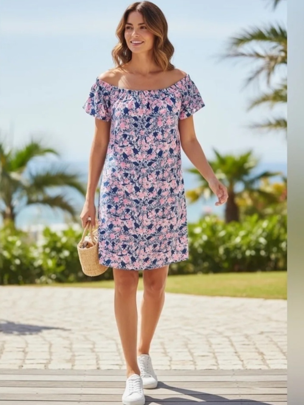 Vineyard Vines Pink Blue Off the Shoulder Bahamas Otomi Dress Size Medium